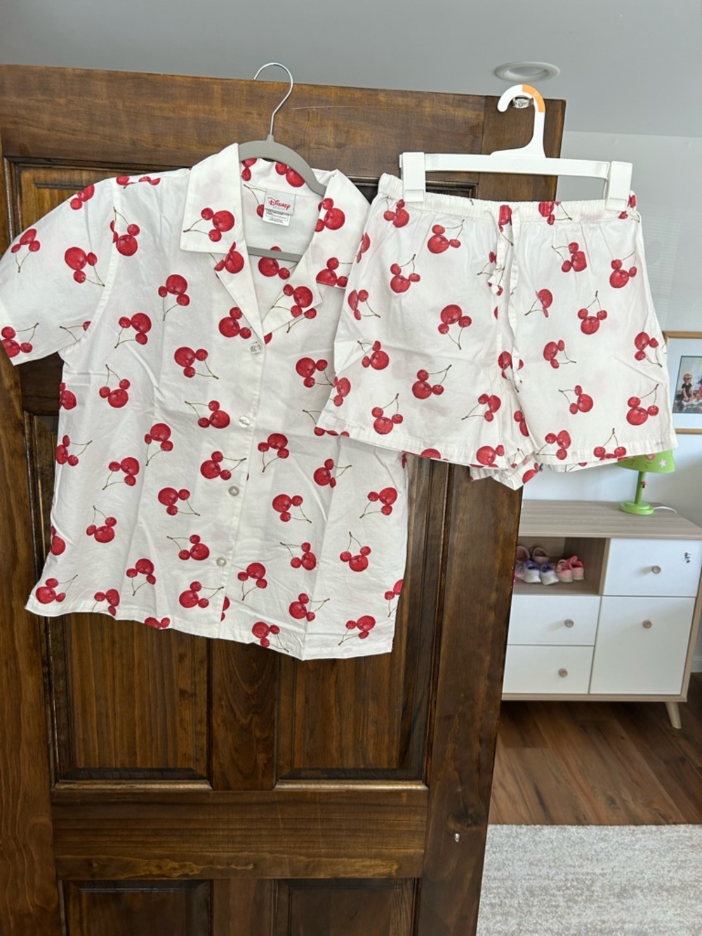 Vintage Disney 90s White Pajama Set with Red Cherry Mickey Mouse Print